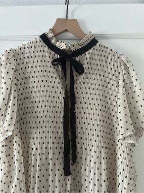 Max Studio Cream Dot Tie-Neck Ruffle Blouse